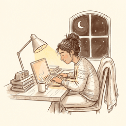 Student studying at night with glowing laptop