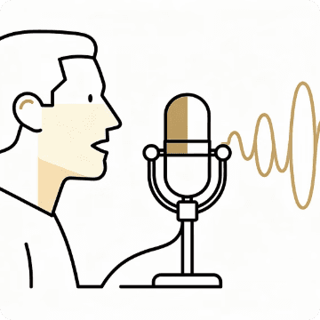 Student speaking into a microphone with sound waves