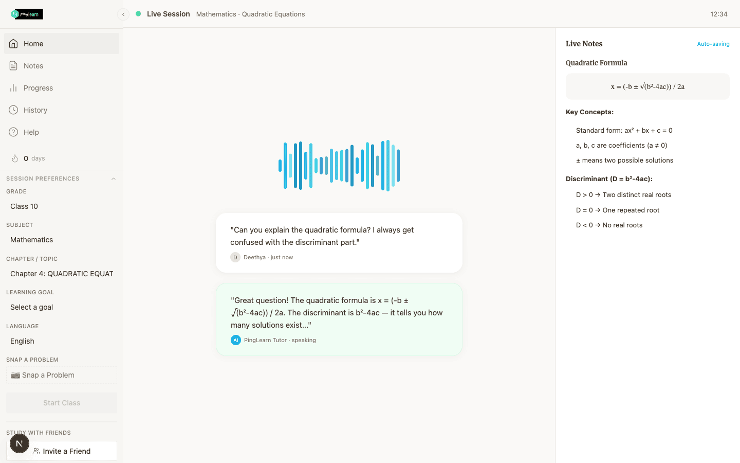Live tutoring session with voice conversation and real-time notes